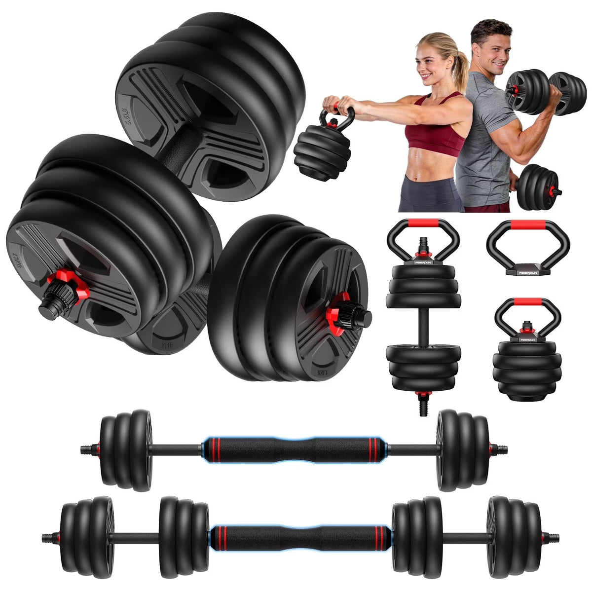 Adjustable Dumbbells, 55Lbs Free Weight Set with Connector, 5 In1 Dumbbells Set as Barbell, Kettlebells, Push up Stand, Fitness Exercises for Home Gym Suitable Men/Women