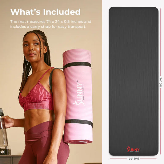 SUNNY 0.5" Thick Yoga Mat Home Gym Workout Fitness 74" X 24" Lightweight Portable Roll up Exercise Mat Non-Slip Textured Cushion Durable Tear Resistant Sweat and Water Resistant for Yoga Pilates Stretching Meditation Indoor and Outdoor Use