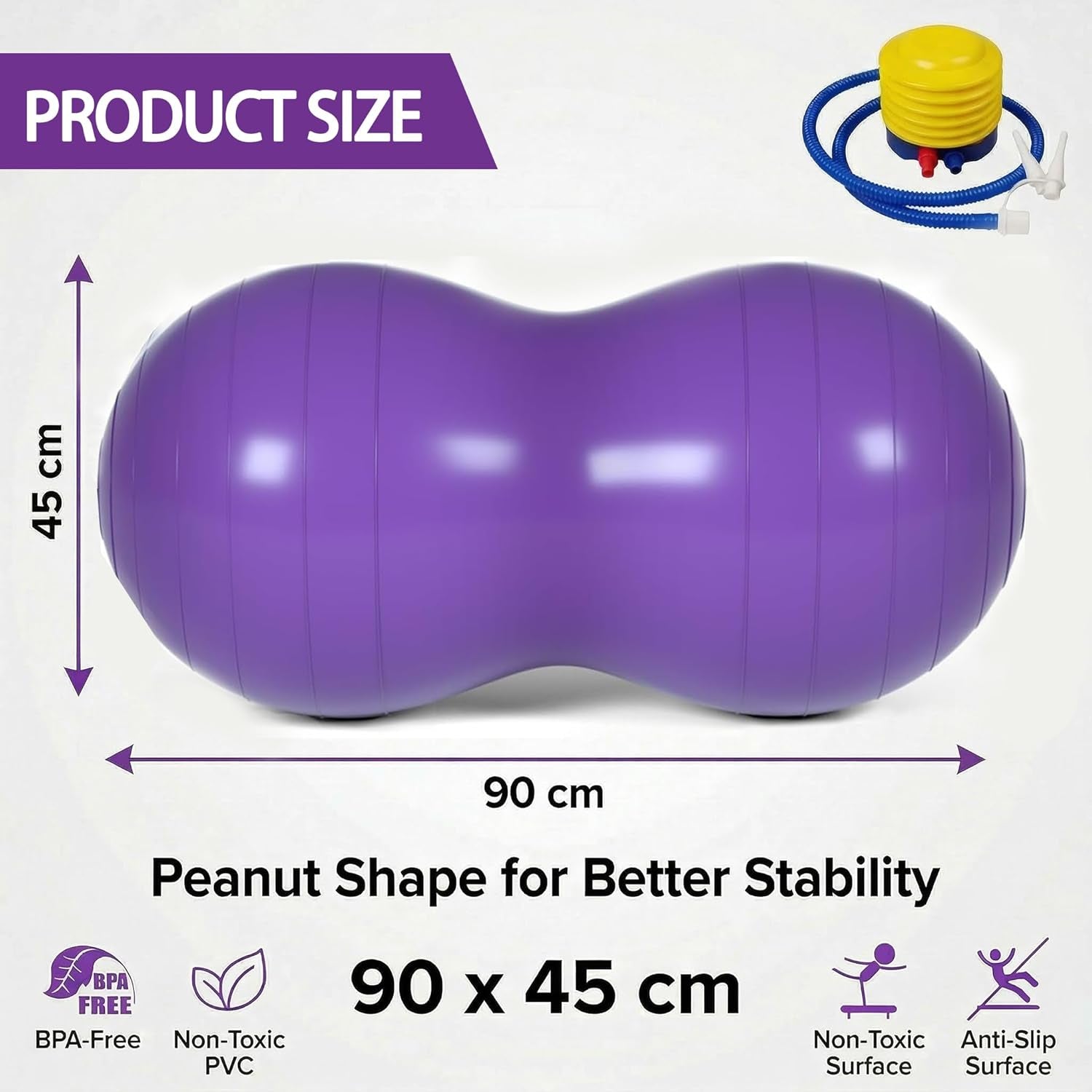 Peanut Ball for Kids Therapy,Anti-Burst Exercise Ball with Pump 90X45Cm Yoga Ball Gym Quality Fitness Ball for Pregnancy Birth Exercise Physical Therapy, for Child Training, Women, Men (Purple)
