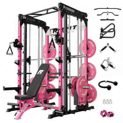 RITFIT Pink M1 Pro/2.0 Multifunctional Smith Machine - at Home Gym Equipment with Cable Crossover System, Squat Rack, Adjustable Strength Training Gear, Home Exercise Station, Home Exercise Equipment