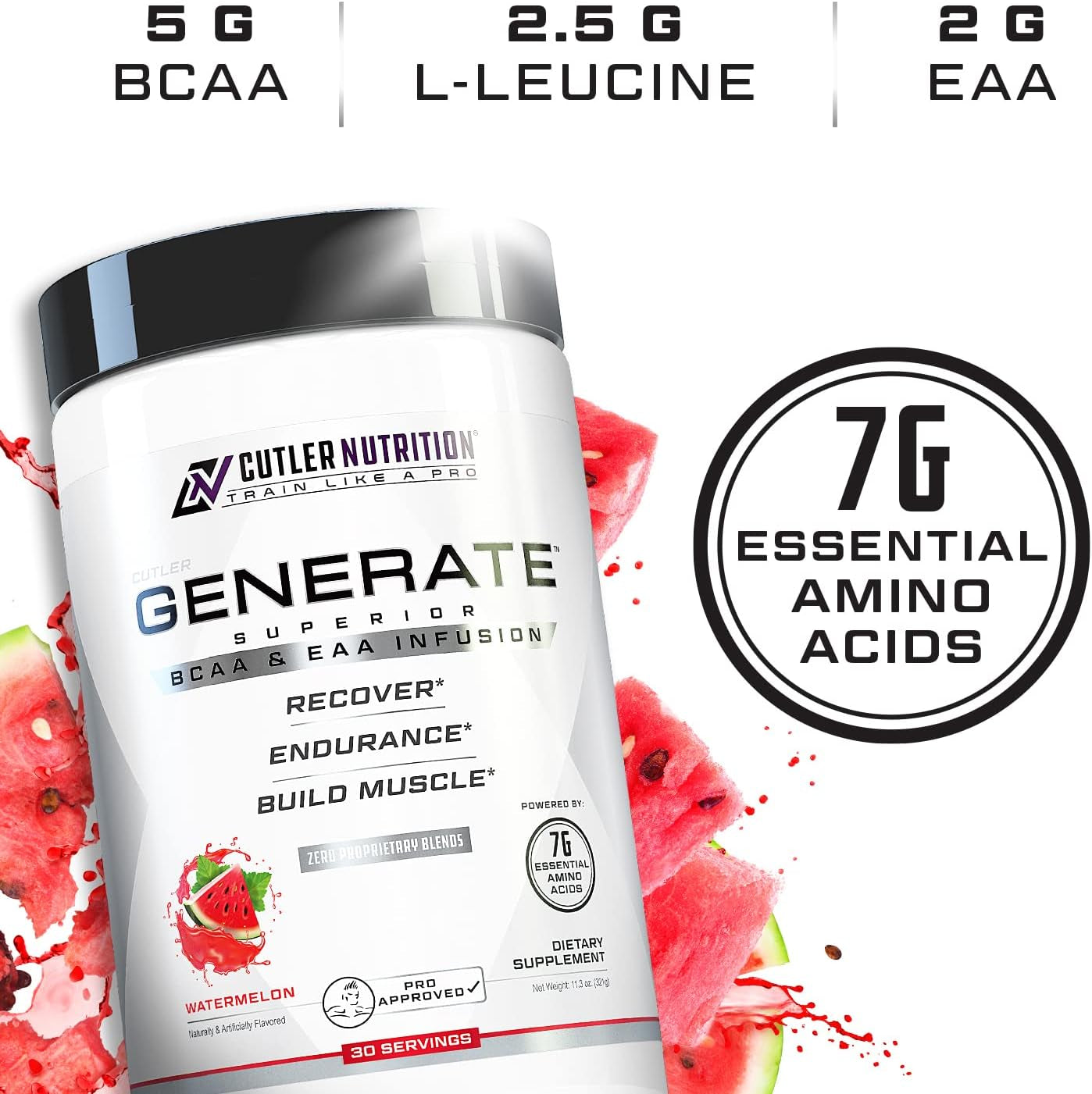 Generate EAA and BCAA Powder: Best Post Workout Recovery Drink and Branched Chain Amino Acids Supplement with Essential Amino Acids, 5G Bcaas, 2G Eaas for Lean Muscle Mass | Watermelon, 30 Servings | 11.3 Oz | 5G Bcaas and 2G Eaas per Serving for Post-Workout Recovery, Hydration, Lean Muscle Support and Protein Synthesis