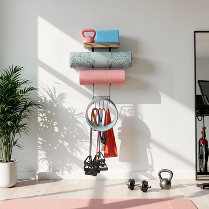 Yoga Mat Holder Accessories Wall Mount Organizer Storage Decor Foam Roller and Towel Storage Rack with 4 Hooks and Wooden Shelves Yoga Mats Rack Resistance Bands for Home Gym School Office