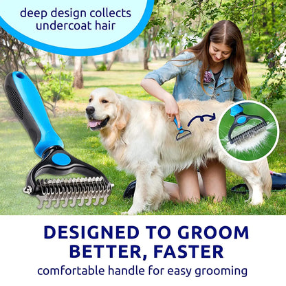 Pet Grooming Brush, Double-Sided Shedding and Deshedding Bottom Rake for Dogs and Cats, Extra-Wide Dog Grooming Brush, Pet Grooming Tool, Self Grooming Brush, Christmas Pet Supplies Gift