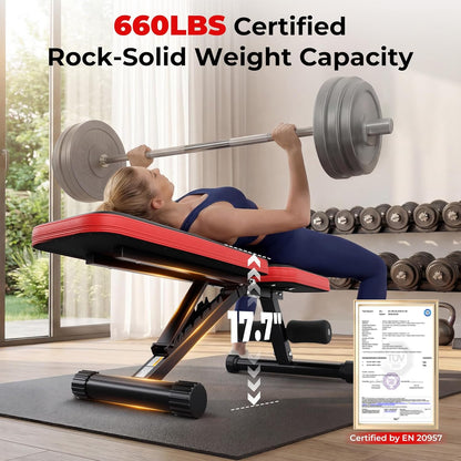 95% Pre-Assemble Adjustable Weight Benches for Home Gym, 9 Backpad Positions Workout Bench, 660Lb Compact Bench Press for Small Space(1Sec Fast Folding)
