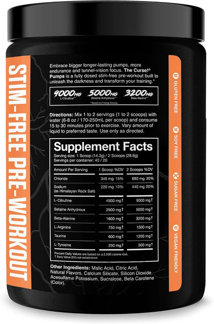 the Curse! Stim-Free Pre Workout Powder, Peach Mango, 40 Serves | Caffeine Free Pump, Non Stim Pre Workout, with L-Citrulline & Beta-Alanine for Nitric Oxide Support and Performance.