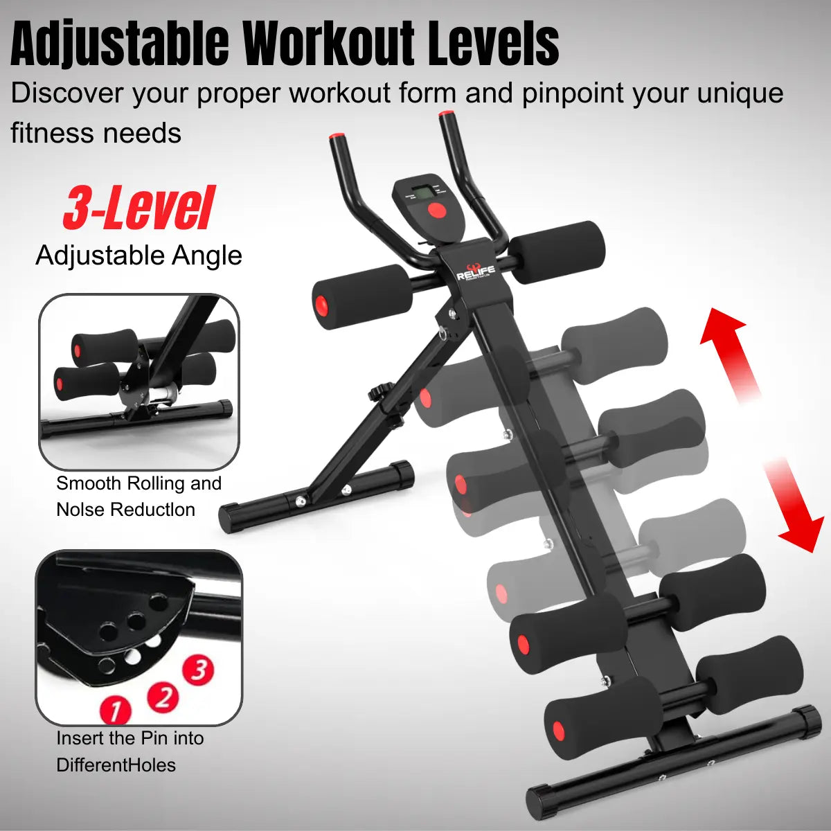 RELIFE Foldable Core Abdominal Trainer - Steel Frame Abs Workout Equipment, 3-Level Adjustable Strength Gear with Resistance Bands, Twist Function, Black & Pink at Home Gym Equipment (Max 440Lbs Core Training Support), Home Workout