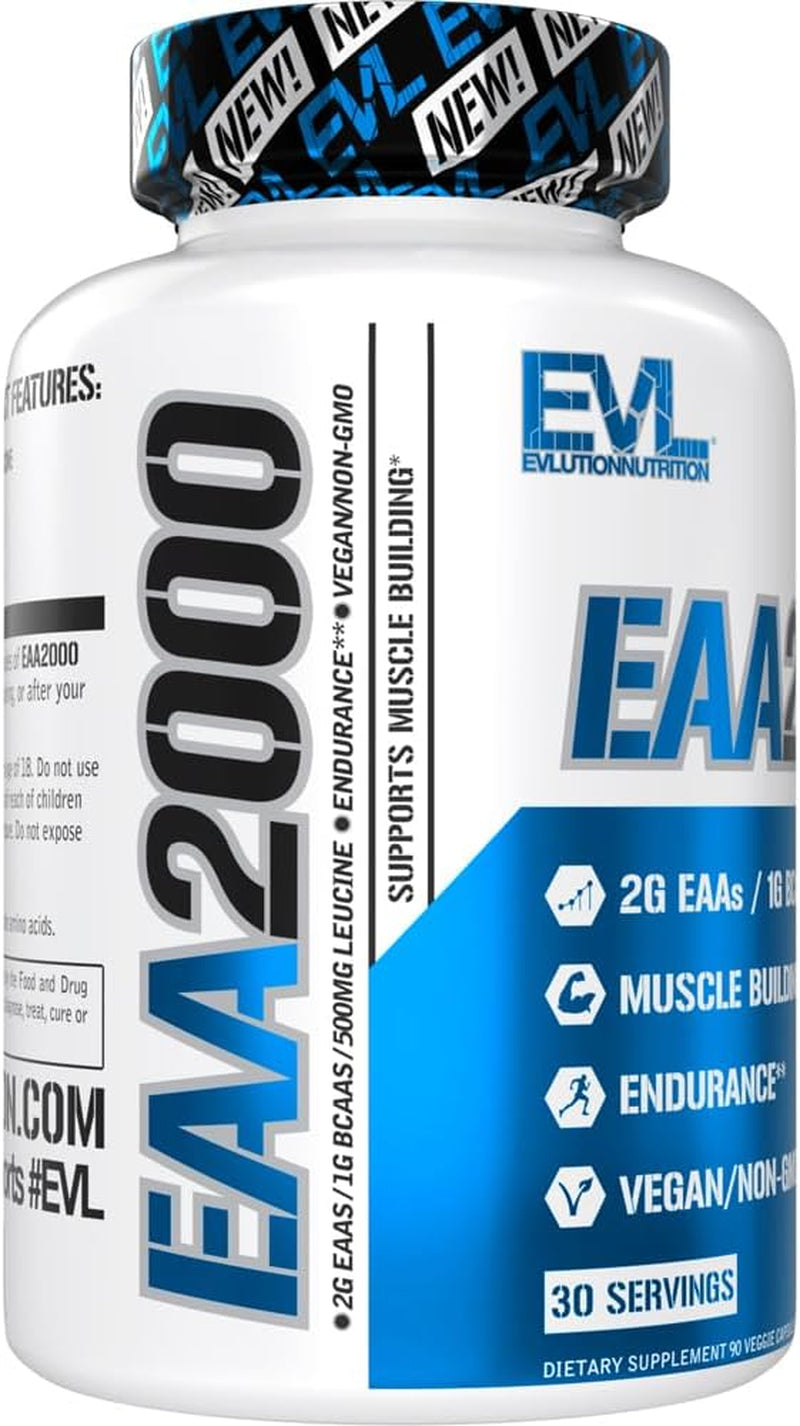 EVL EAA2000 - Essential Amino Acids Capsules - 30 Servings | EAA Supplement for Pre & Post Workout Muscle Building Endurance and Recovery Support with 2G per Serving + 1G Bcaas