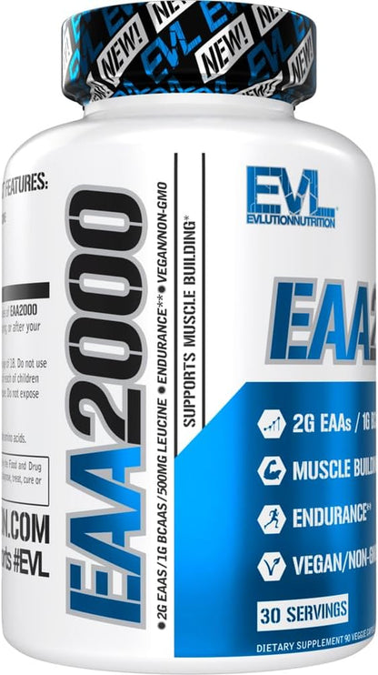 EVL EAA2000 - Essential Amino Acids Capsules - 30 Servings | EAA Supplement for Pre & Post Workout Muscle Building Endurance and Recovery Support with 2G per Serving + 1G Bcaas