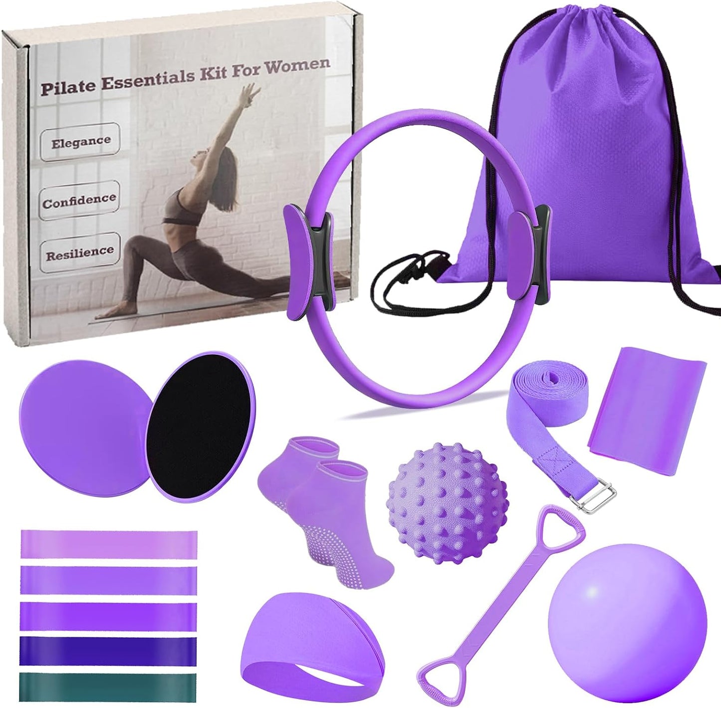 Pilates Ring Circle Set for Women, 17 Pcs Yoga Equipment Sets, with 14'' Yoga Ring, Massage Ball, Resistance Bands, Hip Thrust Belt, Hair Band, anti Slip Socks for Legs Arms and Thighs