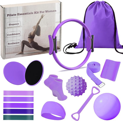 Pilates Ring Circle Set for Women, 17 Pcs Yoga Equipment Sets, with 14'' Yoga Ring, Massage Ball, Resistance Bands, Hip Thrust Belt, Hair Band, anti Slip Socks for Legs Arms and Thighs