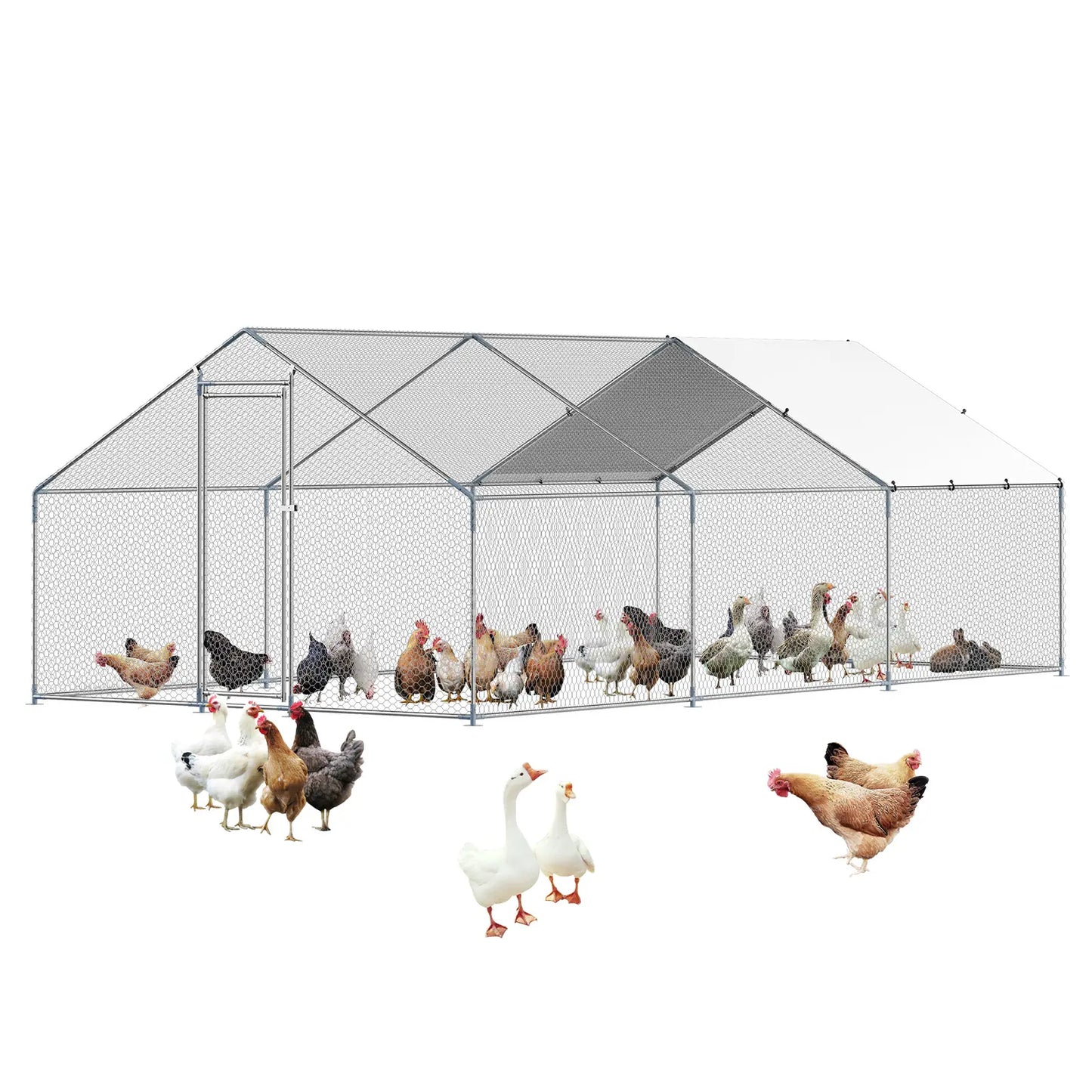 【Fathersdaygift】Vevor Metal Chicken Coop 9.8X19.6X6.5 Ft Large Walk-In Chicken Runs with Coverspire Roof Hen House Enclosure with Security Lockoutdoor Duck Rabbit Cage Poultry Pen for Backyardfarmyard
