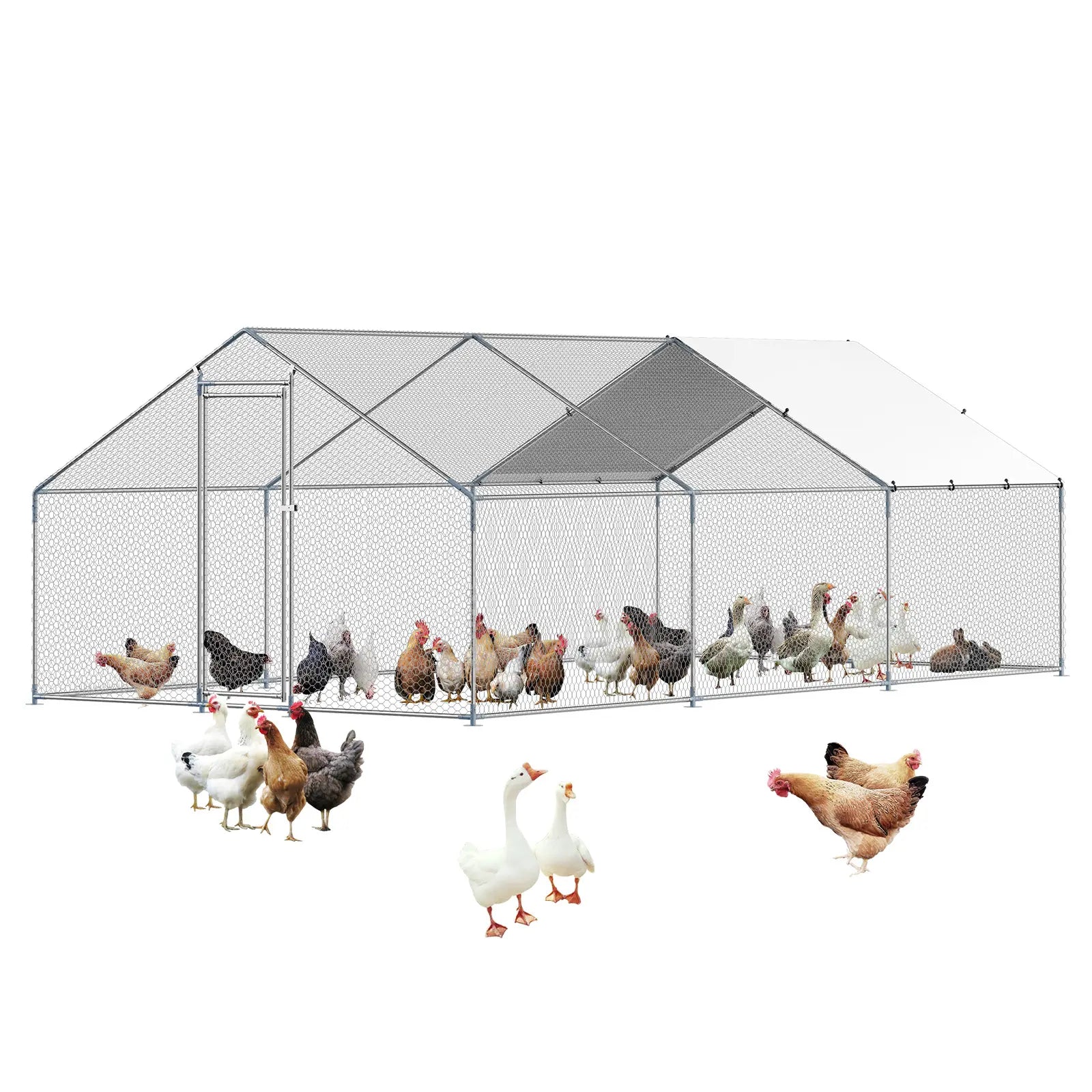 【Fathersdaygift】Vevor Metal Chicken Coop 9.8X19.6X6.5 Ft Large Walk-In Chicken Runs with Coverspire Roof Hen House Enclosure with Security Lockoutdoor Duck Rabbit Cage Poultry Pen for Backyardfarmyard