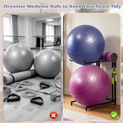 Exercise Ball Holder Stability Ball Rack with Hooks Space-Saving Medicine Ball Rack Garage Stability Ball Organizer Stand Home Gym Organizer and Storage Rack for Resistance Bands and Equipment
