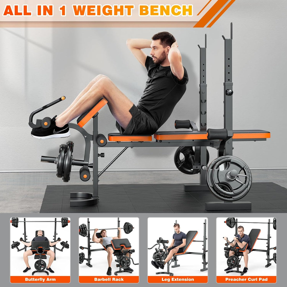 Bench Press, 6 in 1 Olympic Weight Bench with Leg Extension, Curl and Squat Rack, 770LBS Multi Weight Benches for Home Gym, Workout Bench Flat Incline Lifting Bench for Strength Training