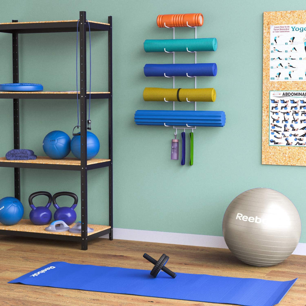 Guru Yoga Mat Holder Wall Mount with 3 Hooks for Hanging Yoga Strap, Resistance Bands, 5-Sectional Metal