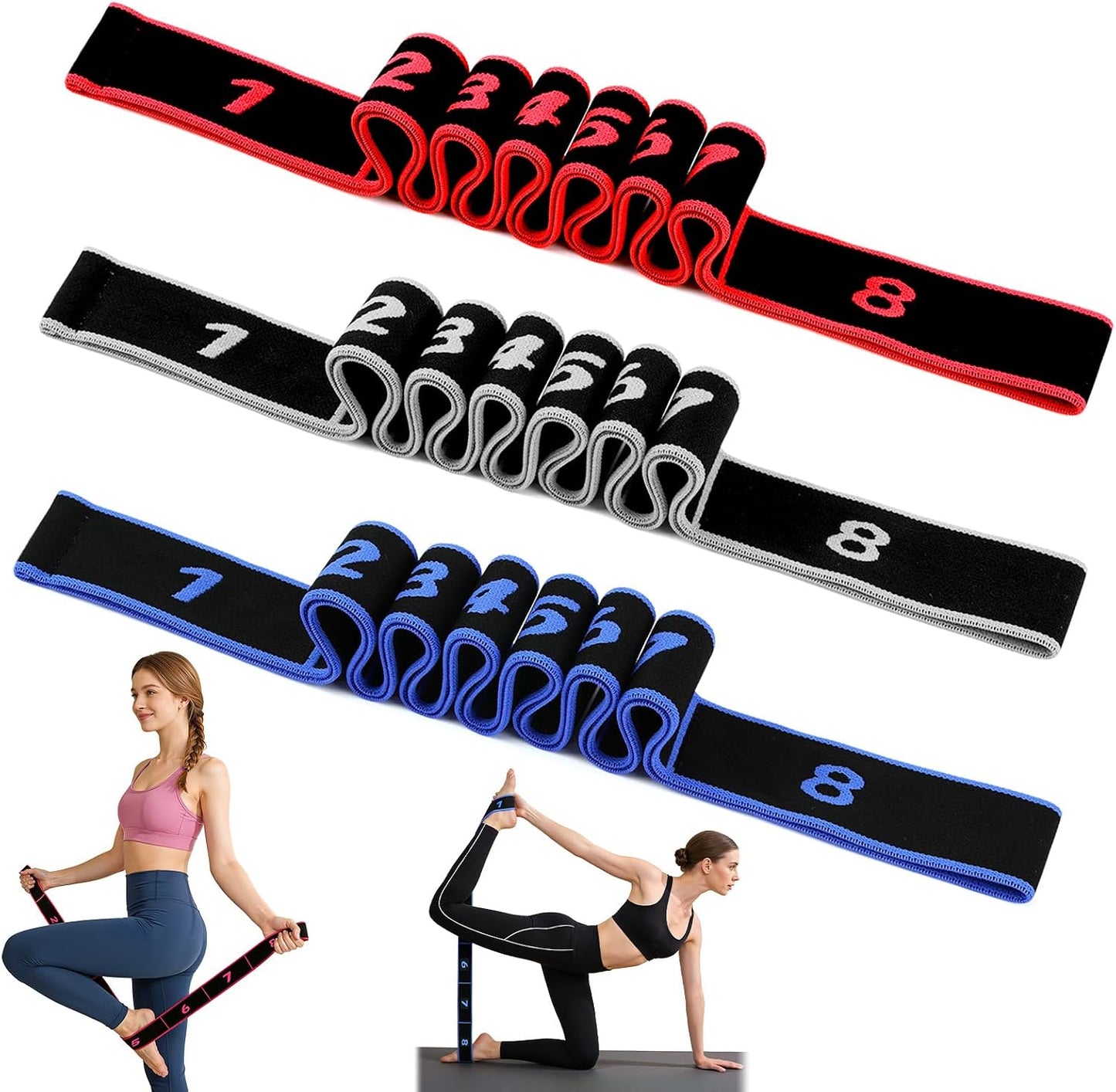 3PCS Fitness Resistance Band for Stretching and Yoga, 8-Section Numbered Elastic Resistance Band | Fitness Band with Clear Markings for Yoga, Stretching, Pilates
