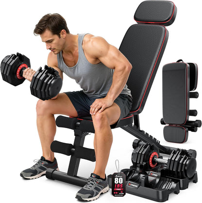 Workout Bench, 10 Backrests Adjustable Weight Bench with Extended Headrest, 800LBS Foldable Weight Bench for Home Gym, Incline Decline Flat Bench Compact for Small Space Training
