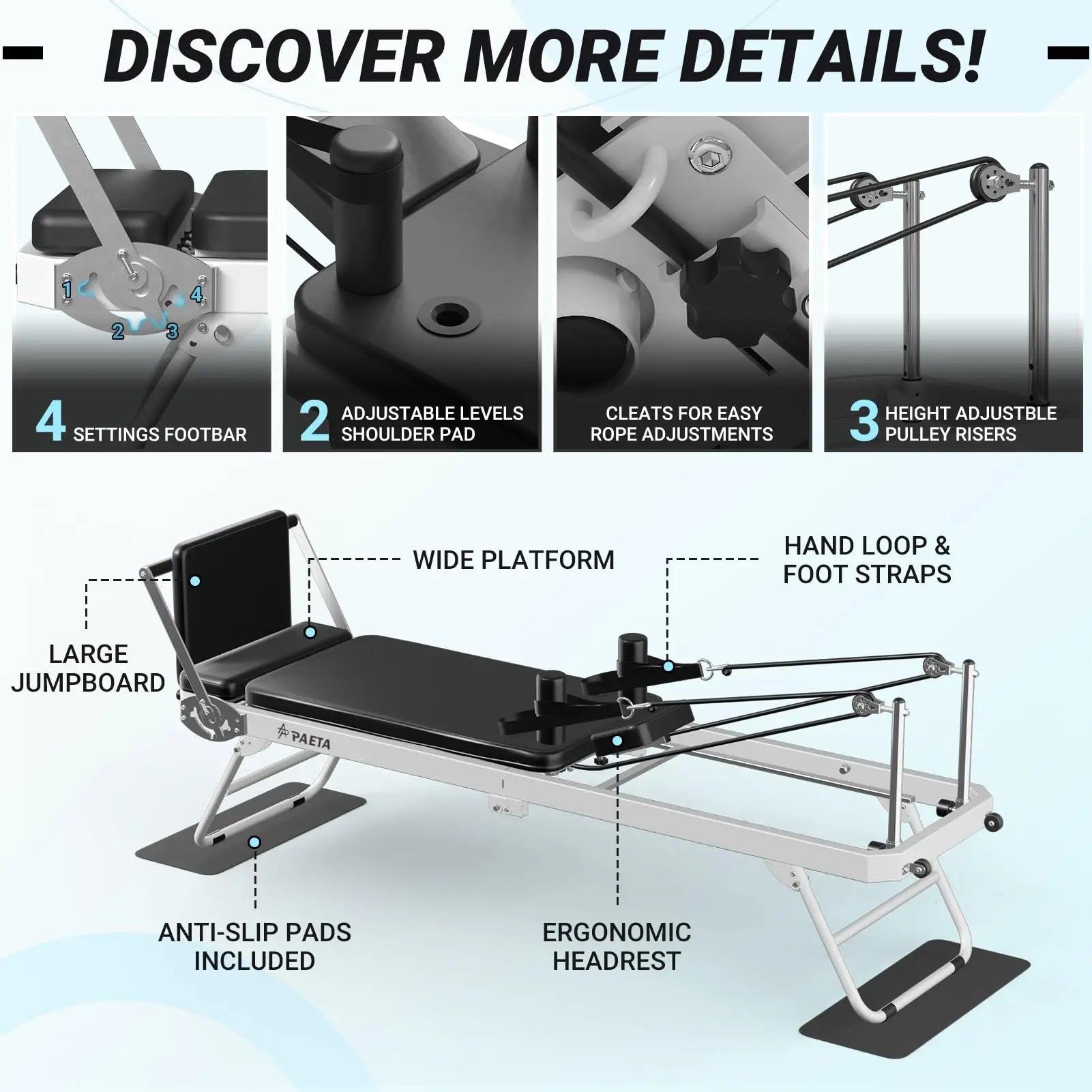 PAETA Pilates Reformer, Foldable Reformer Pilates Machine for Home Use, with Dual Resistance- Springs and Cords, Pilates Equipment for Home Workouts with Jump Board, up to 400 LBS Adjustable Elastic Band