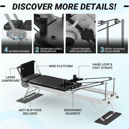 PAETA Pilates Reformer, Foldable Reformer Pilates Machine for Home Use, with Dual Resistance- Springs and Cords, Pilates Equipment for Home Workouts with Jump Board, up to 400 LBS Adjustable Elastic Band