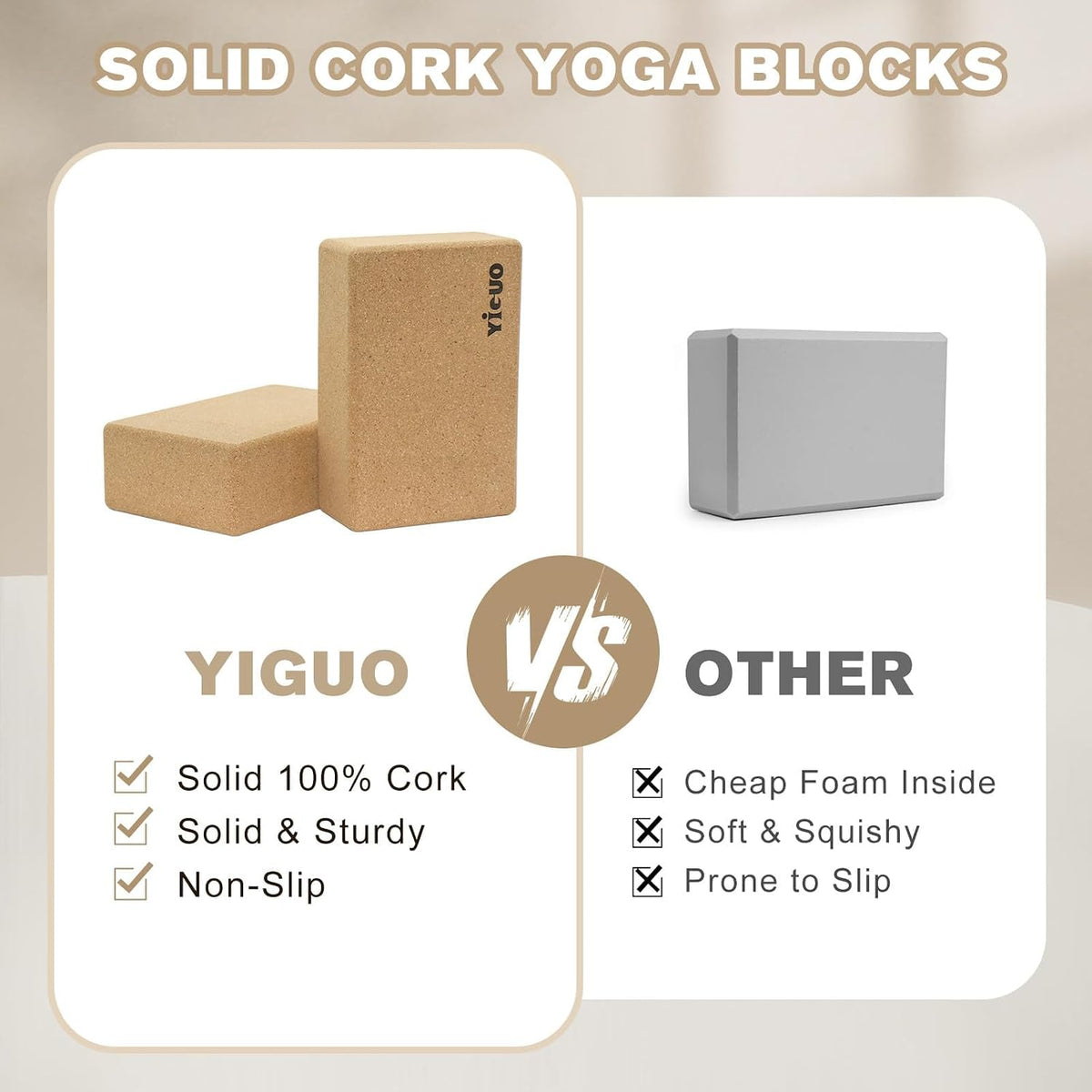 2 Pack Cork Yoga Blocks | Natural Eco-Friendly High Density Non-Slip Yoga Blocks for Women & Men | 9X6X3 Inches for Yoga, Pilates, Stretching