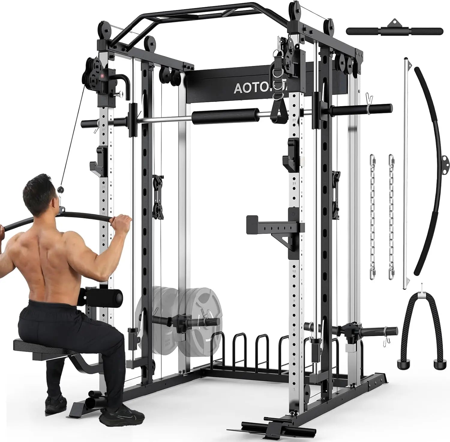 Sturdy Heavy-Duty Steel Smith Machine Power Cage - Adjustable Multifunctional Home Gym Station with LAT Pulldown System, Cable Crossover, Multifunctional Squat Rack, Squat Workout Machine, Strength Training Accessory for Full-Body Training, Workout Equipm