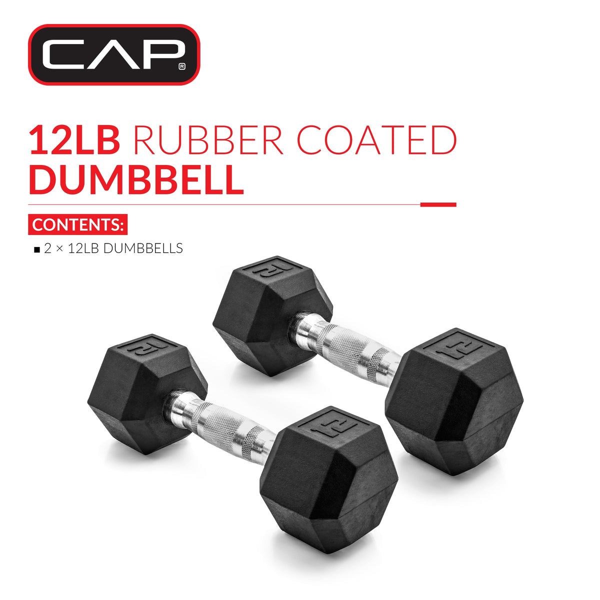 Barbell, 12Lb Coated Rubber Hex Dumbbell, Pair (No-Roll Design, Ergonomic Steel Handle, Durable Coated Weight)